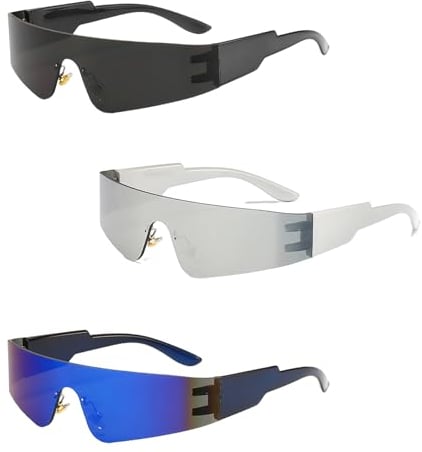SRTSTR 3Stk Rave Party Brille Schnelle Brille Anti-UV Futuristische Sonnenbrille Fahrradbrille Herren Damen Alien Brillen Brille Rahmenlos Zyklop Fun Glasses für Foto Requisiten Rollenspiel Cosplay