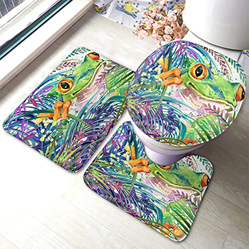 Badematte 3-Tlg Frosch Exotische Afrikanische Tropische Wildtiere Weiche U-Förmigen Contour Matte Wasserabsorbierend Wc-Deckelabdeckung Waschbar 3 Tlg Plüsch Anti-Rutsch Badteppich Set