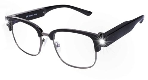 OuShiun Schwarze Halbrahmen-Lesebrille aus Metall mit Heller LED, USB-wiederaufladbar, Blaulichtfilter und freihändiger Nutzung bei Nacht,+2.0