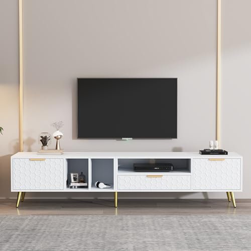 Jaxenor 180cm TV Stand Cabinet Unit for 80 Inch TVs, Embossed Pattern TV Unit with Storage Cabinet and Open Shelves, Modern Entertainment Storage for Living Room, Bedroom, White