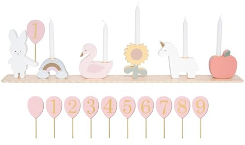 JaBaDaBaDo Holz Geburtstagszug Teddy & Friends mit Kerzenhaltern, Inklusive Zahlen 1-9 & 1 Blanko-Ballon für den Namen des Kindes, Weiss-rosa-Creme, 63 x11 x 6 cm