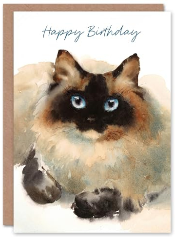 Artery8 Happy Birthday Cute Ragdoll Cat Watercolor Birthday Card