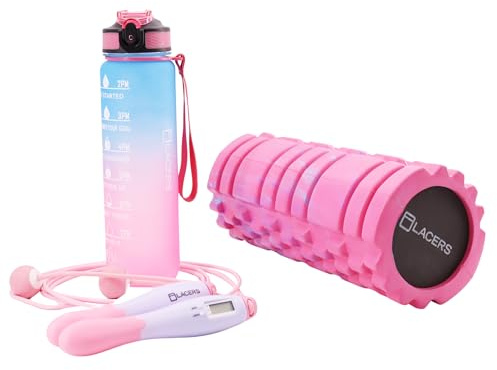 Petrolline 3er Fitness-Set – Faszienrolle, 1000ml Trinkflasche mit Strohhalm & Zeitmarkierung, verstellbares Springseil – Für Training & Regeneration (Pink-Pink/Blau-Rosa)