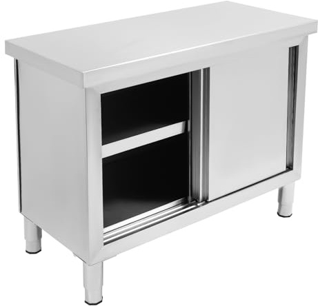 QIERF Edelstahl Arbeitstisch Arbeitsschrank mit Schiebetüren Küchen Arbeitstisch Schrank 100 * 50 * 95cm für Küche, Restaurant und Garage, Silber