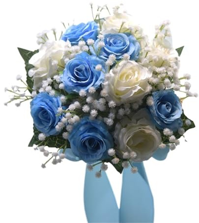 Generico Boho-Brautstrauß mit elfenbeinfarbenen Kunstblumen und Seidenband aus Spitze für die Braut, Landhausstil, Dekoration (Blue)