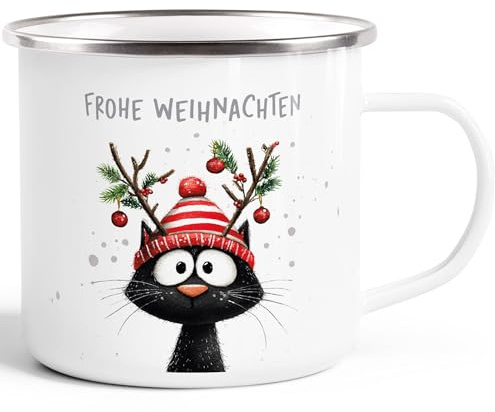 SpecialMe® Emailletasse Frohe Weihnachten Lustige Tiere Schwarze Katze Winter Weihnachtsbecher Geschenkidee Weiss-silber standard