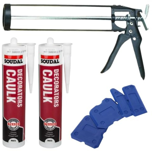 Decorator’s Caulk White Kit – 2x Flexible Filler Tubes with Caulking Gun & 4 Multi-Edge Silicone Tool Set – Paintable White Caulk for Sealing, Repairing & Finishing – Ideal for DIY & Trade