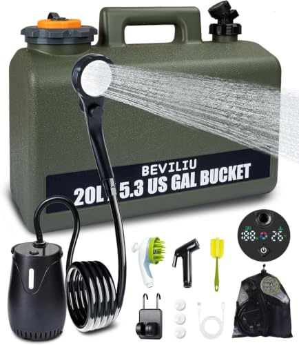 Beviliu Portable Shower Camping with 11L & 20L Food Grade Water Tank, Rechargeable Pump, Lightweight & Family Size with Dog Shower Spray, IPX8 Waterproof Outdoor Shower for Camping, Pet, Gardening
