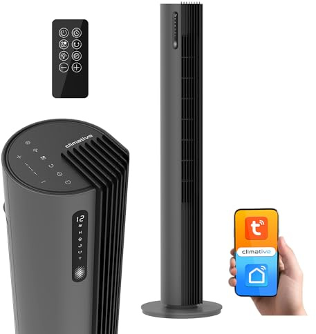 Climative Turmventilator 110 cm PURE Plasma Ionisierung WiFi Tuya Smart Life 12 Geschwindigkeiten 30W Timer 12h Standventilator sehr leise Ventilator mit Fernbedienung Tower Fan Luftkühler Grau