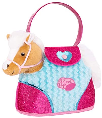 Pucci Pups Kuscheltier Pony beige in Handtasche mit Zubehör – Plüschtier Pferd in blau-Pinker Tasche, Sattel, Zaumzeug – Spielzeug für Kinder ab 2 Jahre, ST8274Z