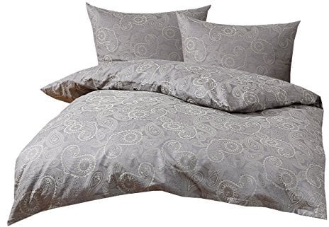 Mako Satin Damast Paisley Bettwäsche Garnitur Davos 240x220 + 2X 80x80 hell grün - grau