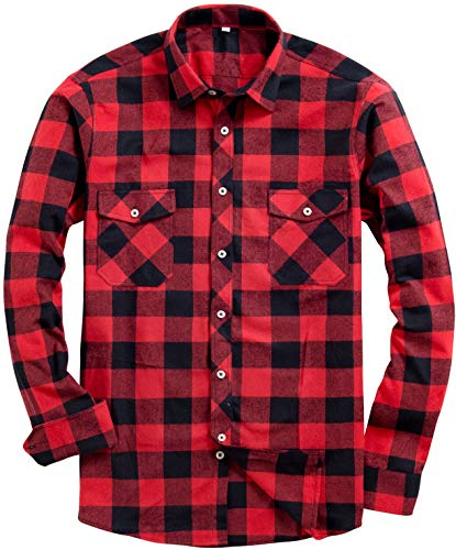 siliteelon Hemd Herren Kariertes Flanellhemd Langarm Baumwolle Holzfällerhemd Regular fit Komfortabel Freizeithemd mit Doppeltasche Rot und Schwarz L