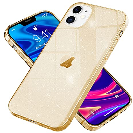 NALIA Glitter Case kompatibel mit iPhone 12 / iPhone 12 Pro Hülle, Glitzer Bling Silikon Handyhülle Strass Cover Durchsichtig, Dünne Handy-Tasche Schutzhülle Diamond Phone Etui, Farbe:Gold