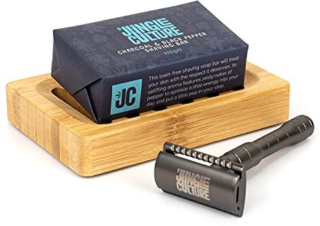 Jungle Culture® Charcoal & Black Pepper Eco Shaving Soap 100g • Plastic-Free Natural Soap Bar • Vegan Friendly Artisan Shaving Gel Foam Replacement • Organic Shave Butter Suitable for Sensitive Skin