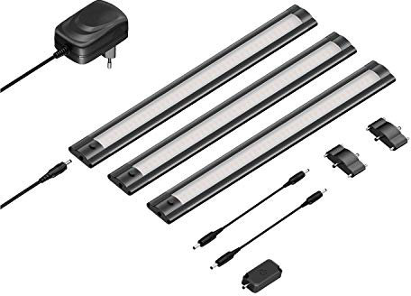 ledscom.de 3er Set LED Unterbau-Leuchte SIRIS schwarz matt mit Touch-Dimmer, flach, je 30cm, je 368lm, warmweiß