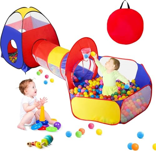 GeerWest 3 in 1 Kids Play Tent for Toddler with Baby Ball Pit and Play Tunnel, Children Indoor Outdoor Playhouse with Climbing Tunnel Toy for Toddlers, Boys and Girls Best Birthday Gifts(No Balls)