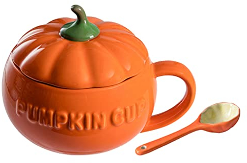 Angoily 1 Juego Creativo de Calabaza de Halloween Linda Taza de Café de Cerámica de Calabaza Taza de Sopa de con Tapa de Cuchara para Mujeres Hombres Suministros de Fiesta de