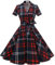 Timormode Robe Années 50's Audrey Hepburn Rockabilly Swing,Plissé Robe à Manches Courtes Rouge Blanc à Carreaux M