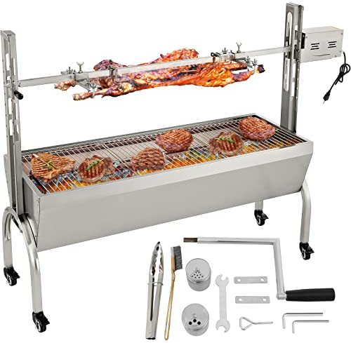 VEVOR Parilla de Barbacoa Exterior 132 lbs 147x45x106 cm Acero Inoxidable Barbacoa Asador 40 W, Altura Ajustable de 7,5-16,9 Asador Giratorio Eléctrico con 4 Agujas y Ruedas Bloqueables para Camping