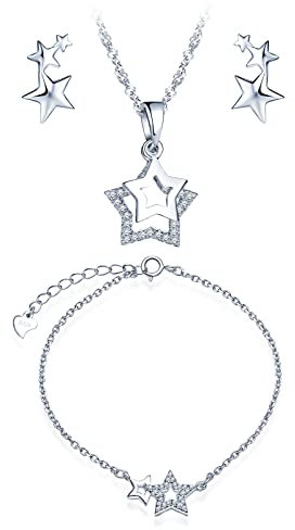 CPSLOVE klassisch Sterne Halskette Armbänder und Ohrringe für Damen mädchen, 925 Silber Schmuck-Sets, Silber Sterne Ketten Anhänger Armband Ohrschmuck, Eingelegter Zirkon