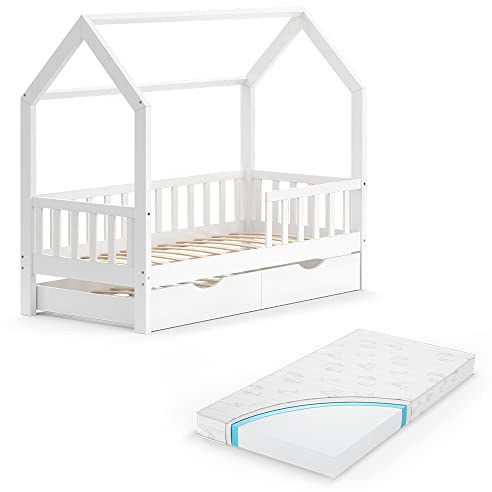 VitaliSpa Hausbett 80x160 cm Wiki mit Gästebett und Matratze - Weiß 168x150x87 cm hergestellt aus Holz - Bett perfekt für Kinder geeignet, gemütlicher Ort für sicheren Schlaf