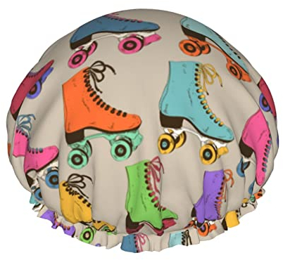 Retro bunte Rollschuhe Drucken Duschhaube für Frauen Wiederverwendbare Doppelschicht Stoff Duschkappen Mädchen Haarkappen