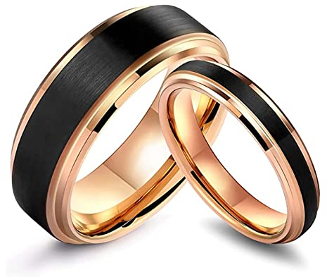 Wycian Partnerringe für Sie und Ihn Verstellbar, Paar Ring Schwarz 2 Stück Edelstahl Roségold Matt Größe Damen 57 (18.1) Herren 62 (19.7)