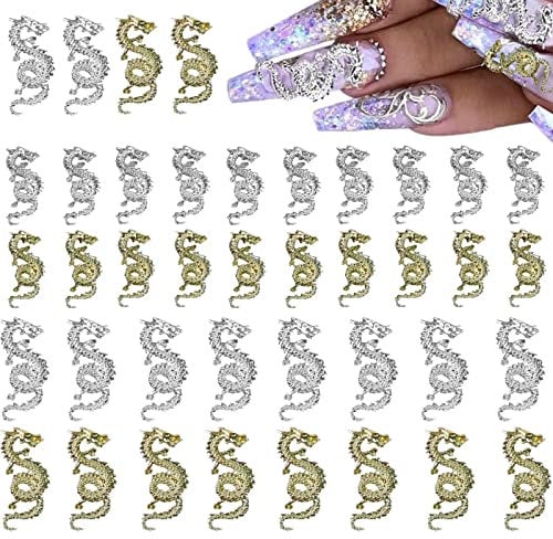 RUNRAYAY 40Pcs Gold & Silver Dragon Nail Art Studs for 3D Nail Charms, Dragon Nail Decoration for Women Girl DIY Nail Art Decor