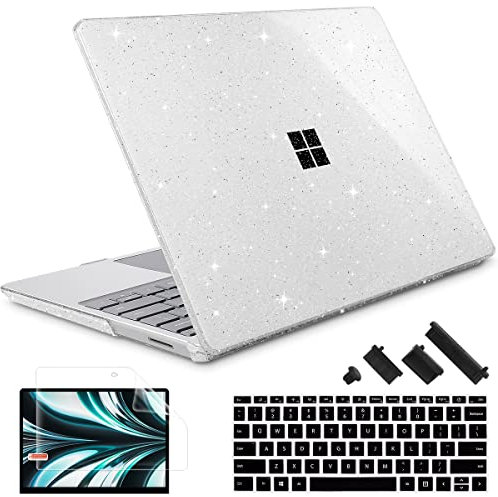 May Chen Compatible with Microsoft Surface Laptop Go 3/2/1 12.4 Inch Model 1943/2013 (2023/2022/2020 Release), Plastic Hard Shell Case with Screen Protector + Keyboard Cover, Clear Glitter