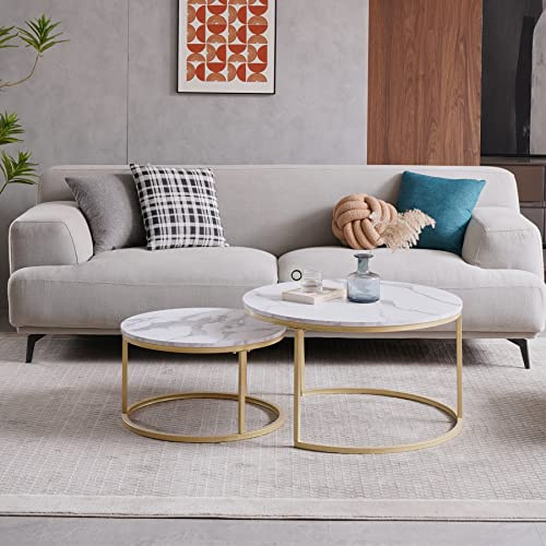 EGOONM Lot de 2 Tables Basses gigognes, Tables Basses Rondes Modernes pour Le Salon, Le Balcon et Le Bureau, Tables d'appoint en Imitation de marbre (Blanc/Or, 60 * 60 * 45/40 * 40 * 35)