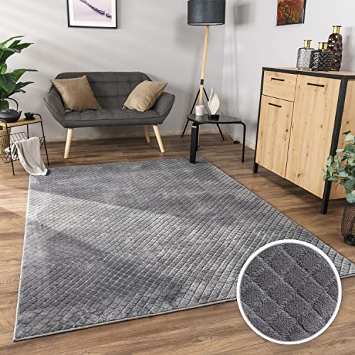 Paco Home Teppich Wohnzimmer Schlafzimmer Kurzflor Skandinavisches Boho Design Geometrisches Rauten Muster 3D Effekt Einfarbig, Grösse:220x340 cm, Farbe:Anthrazit