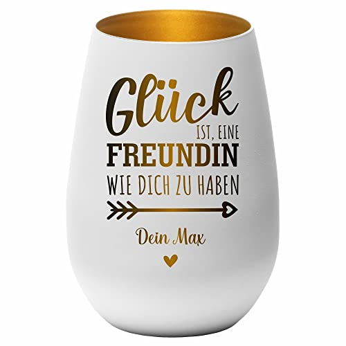 4you Design Windlicht Personalisiert mit Namen Glück ist einen Freundin (Metall-Weiß-Gold), Teelichthalter als Freundegeschenk zum Valentinstag, Spülmaschinengeeignet