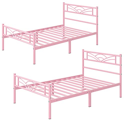 Yaheetech 2er-Set Metallbett Bettrahmen Bettgestell mit Lattenrost Einzelbett Singlebett Gästebett 90 x 200 cm/Hellrosa
