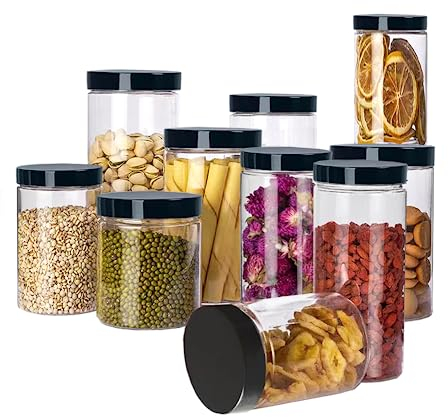 NAVACALA Storage Jars Plastic Jars with Lids kitchen Reusable Food Storage Jars Containers Airtight for Dry Food Tea Coffee Sugar 10 Pack (1300ml*2, 900ml*2, 600ml*2, 375ml*2, 220ml*2) black