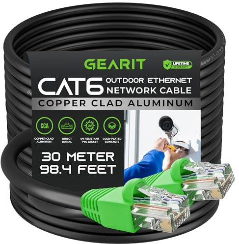 GearIT Cable Ethernet Cat6 para exteriores (30 metros) con revestimiento de cobre CCA, impermeable, entierro directo, en tierra, cubierta UV, POE, red, Internet, cable Cat 6, Cat6, 30 m