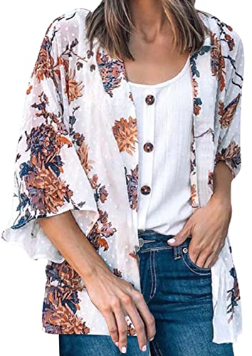 QUINTRA Strickjacken für Damen, Elegante Chiffon-Kimonos mit Blumenmuster, Sonnenschutz, Oberteil, Boho, lässig, Schal, Strand, vorne offen, Kleidung Enges Oberteil (Orange, XXL)