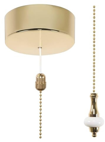 ElekTek UK Safety Approved Polished Brass Bathroom Light Pull Switch Kit, Metal & Ceramic White Disc Fob + Brass Chain, EN 60669-1 & CE Mark, Earth Terminal, 6A 250V, 1 or 2 Way, Wiring Instructions