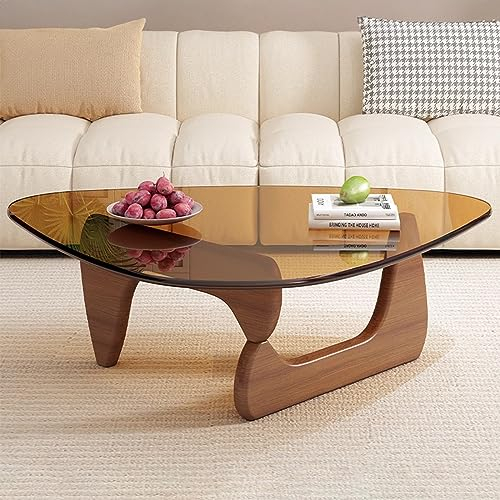 JiangyanBD Dreieckiger Couchtisch aus Glas, moderner Vintage-Beistelltisch, Massivholzsockel und klarer Glasplatte, Akzent, für Wohnzimmer, Terrasse