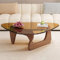 JiangyanBD Dreieckiger Couchtisch aus Glas, moderner Vintage-Beistelltisch, Massivholzsockel und klarer Glasplatte, Akzent, für Wohnzimmer, Terrasse