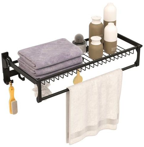 COSTWAY Portasciugamani Pieghevole per Bagno 60 x 26 x 14cm, Mensola Portasciugamani da Parete con Asta Regolabile e Ganci Mobili, Antiruggine e Impermeabile, Nessun Montaggio Richiesto
