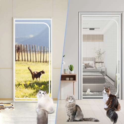 LIFEDYLUK Puerta Mosquitera para Gatos Evitar Que los Cachorros y Gatos se salgan de casa, Pantalla a Prueba de arañazos con Cremalleras, Puerta Mosquitera Cortina para Balcón (90 * 200cm, Blanco)