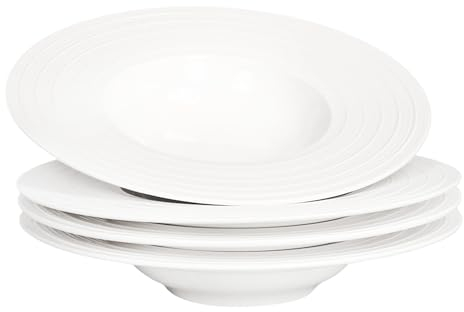 jinsongdafa Soup Bowls, Soup Plates with Rim, 230 ml, Set of 4 White Shallow Bowl Plates, Porcelain Bowls with Rimmed, Best Choice for high-end Restaurants and Gourmets, Embossed Lines 24.3CM