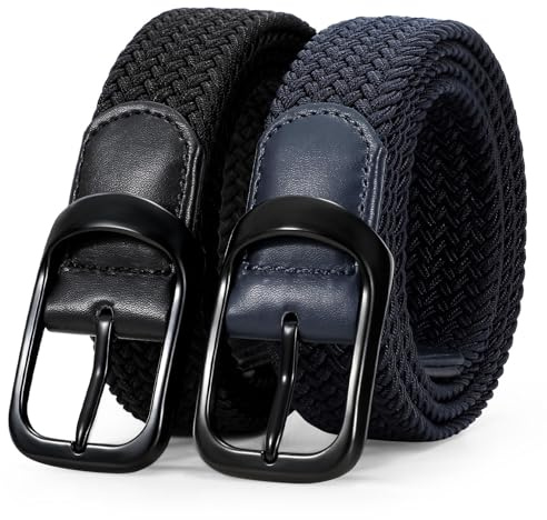 WERFORU 2 Pack Stretch Woven Belts Men's Elastic Braided Belt 1 3/8 Casual Golf Belt for Jeans Pants