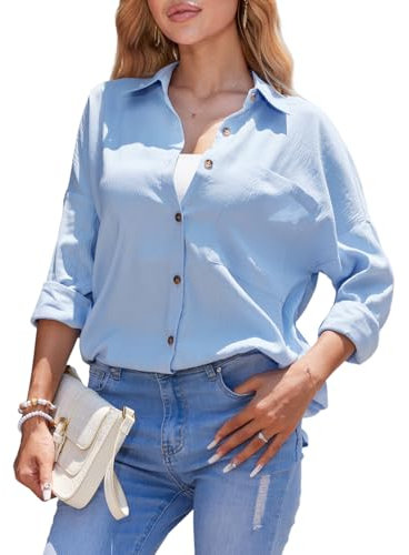 Stamain Womens Shirts and Blouses UK Light Blue Cotton Long Sleeve Shirt for Ladies Casual Summer Button Up Tops for Office Work M