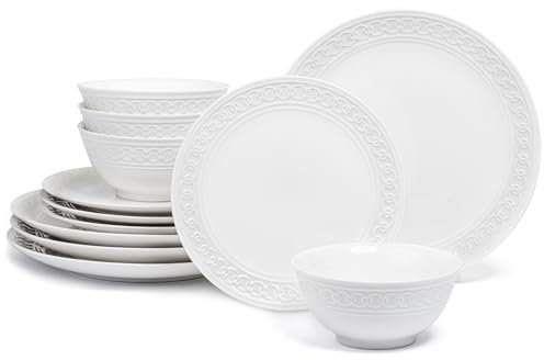 Annovero Juego de platos y cuencos, juego de platos para 4 personas, apto para microondas, vajilla de porcelana de 12 piezas para cocina, incluye 4 platos de cena y 4 platos de aperitivos, 4 cuencos