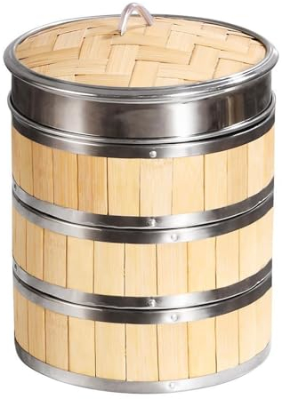 AIZYR 3 Tier Bamboo Steamer Basket Large Bamboo Steamer with Cover, Chinese Steamer Dim Sum Steamer for Rice, Dimsum, Veggies, Fish,8 inch
