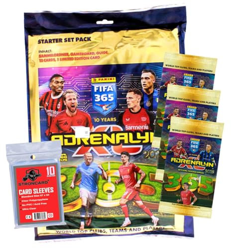 Bundle mit Panini FIFA 365 Karten 2025 - Adrenalyn XL Trading Cards - Exklusive STRONCARD Sammelkarten Hüllen - 1 Starter + 3 Booster