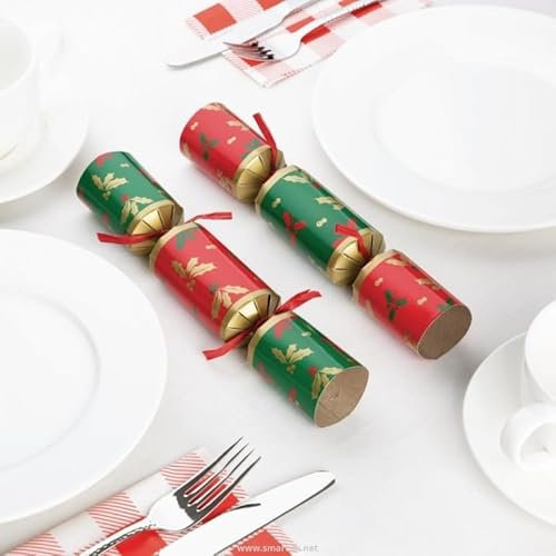 Stalwart Christmas Crackers 9 (Pack of 50) Compostable Plastic-Free Xmas Table Crackers, Holly Pattern Contains a Hat and Joke, Next Day Delivery