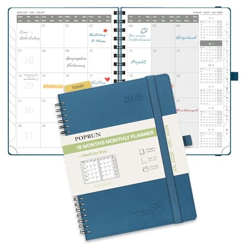 POPRUN Kalender 2025 2026 Monatsplaner 22 x 16,5 cm - 18 Monate Monatskalender Ringbuch A5 (Jul.2025-Dez.2026) - 1 Monat 4 Seiten, Softcover mit PU-Leder, 100 GSM Papier - Marineblau
