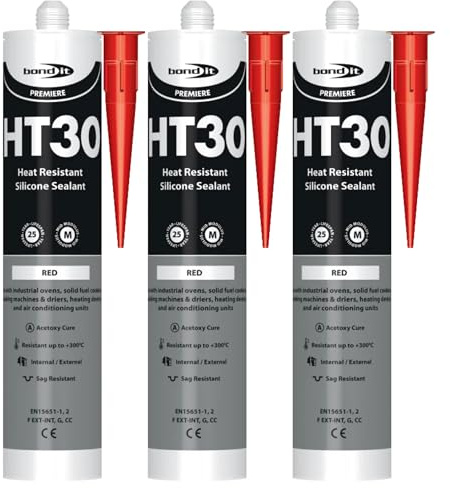 Bond It HT30 High Temperature Silicone Sealant – 3x Red, 310ml | Heat Resistant Up to 300°C – UV Resistant – Mildew Resistant | Interior & Exterior Silicone for Ovens – Heating Systems – & Engines